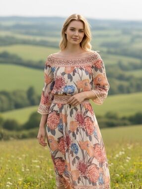Anthropologie Champagne And Strawberry Midi Dress S Floral Cottagecore Boho